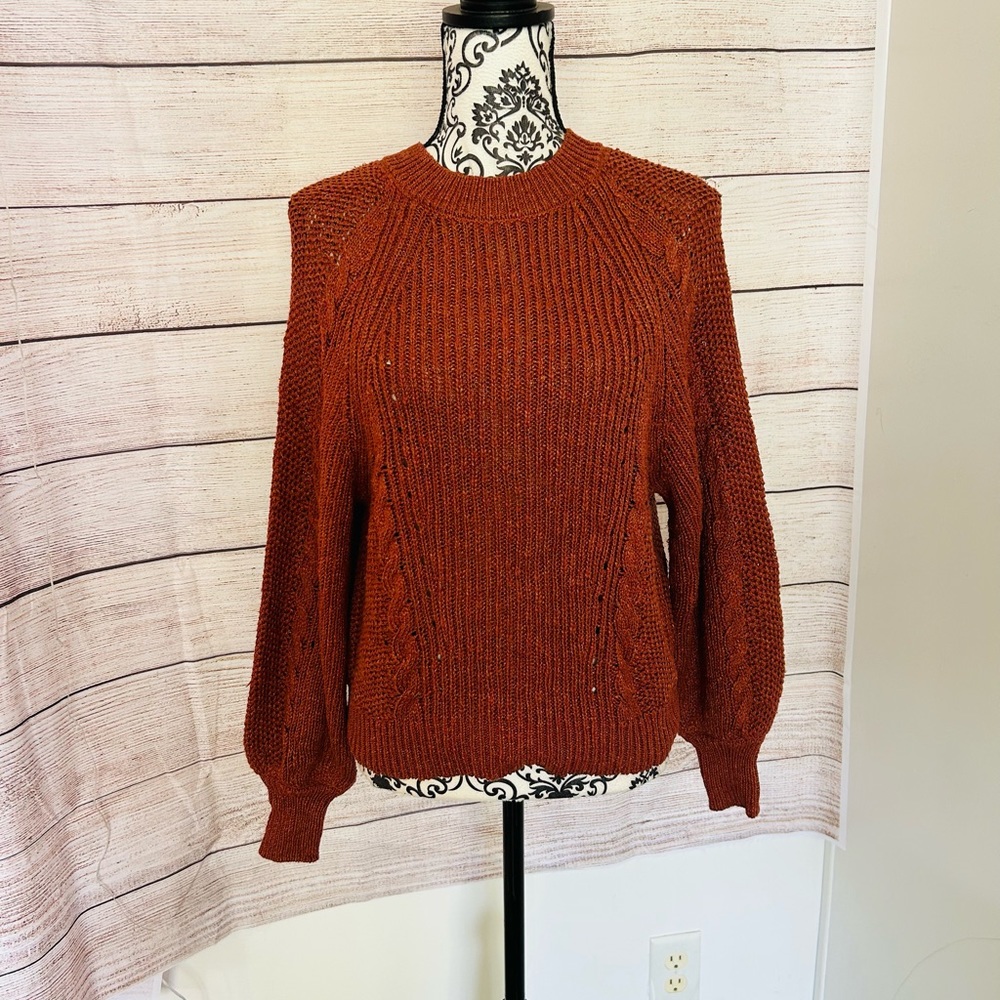 American Eagle Women’s Brown Cable Knit Ribbed Puff Sleeve Sweater S